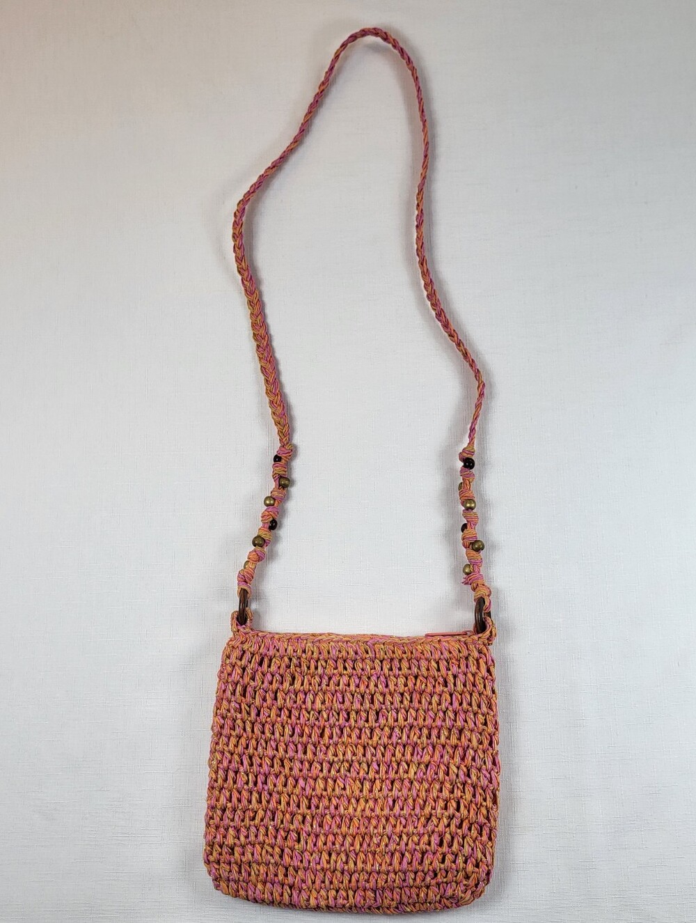 Cappelli Straworld Crocheted Crossbody PURSE Coral Peach Bag Beaded Strap Boho
